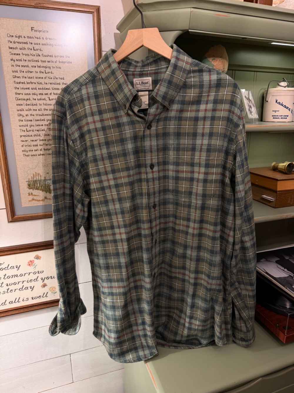 L.L. Bean Flannel Shirt Traditional Fit Plaid Green Men’s Large